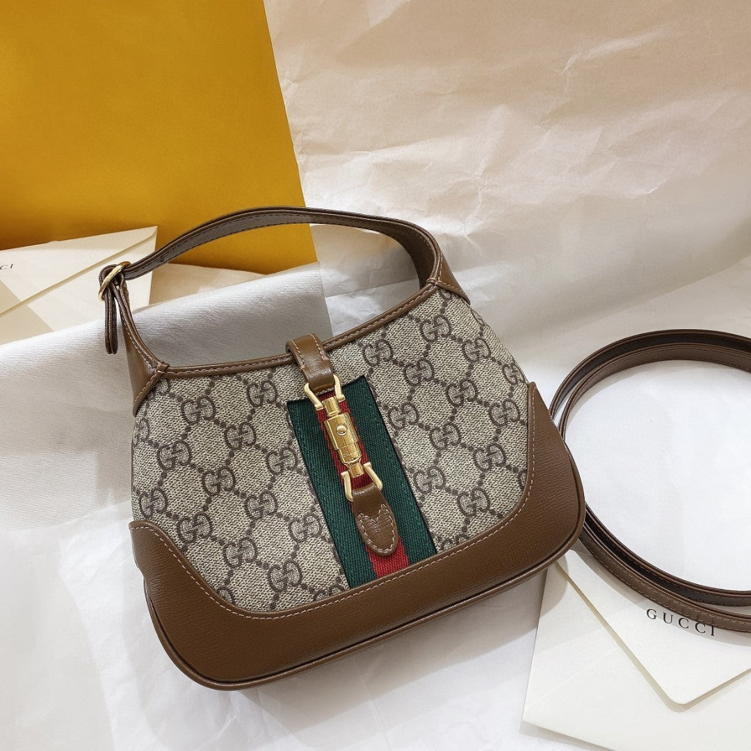 Luxury Gucci JACKIE 1961 SMALL 28 SHOULDER BAG IN BEIGE CANVAS AND BROWN CALFSKIN