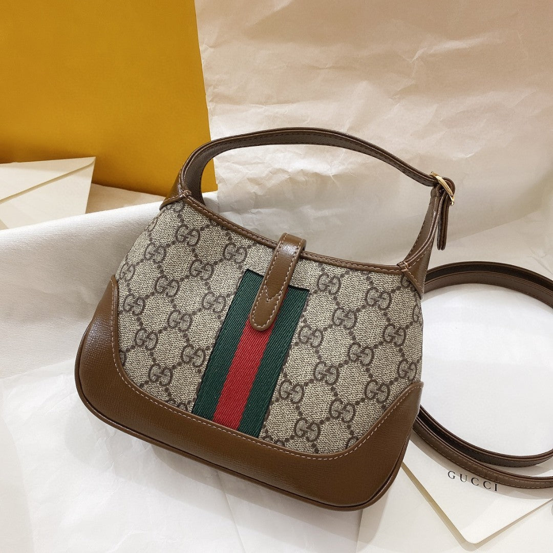 Luxury Gucci JACKIE 1961 MINI 19 SHOULDER BAG IN BEIGE CANVAS AND BROWN CALFSKIN