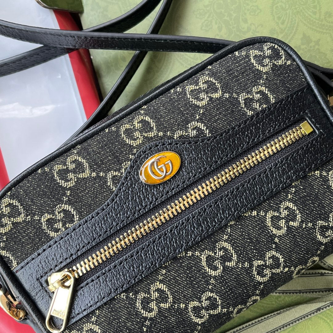 Luxury Gucci DENIM SHOULDER BAG 17 BLACK WITH LEATHER TRIM