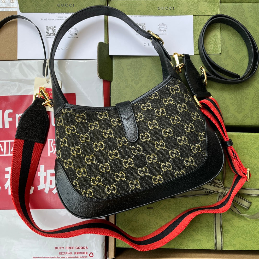 Luxury Gucci JACKIE 1961 SHOULDER BAG 28 IN BLACK YELLOW DENIM AND BLACK CALFSKIN TRIM GOLD HARDWARE