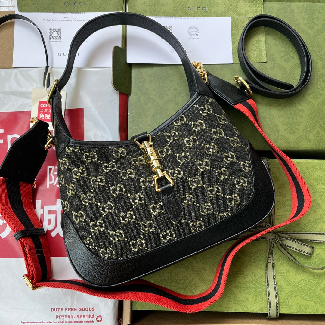 Luxury Gucci JACKIE 1961 SHOULDER BAG 28 IN BLACK YELLOW DENIM AND BLACK CALFSKIN TRIM GOLD HARDWARE