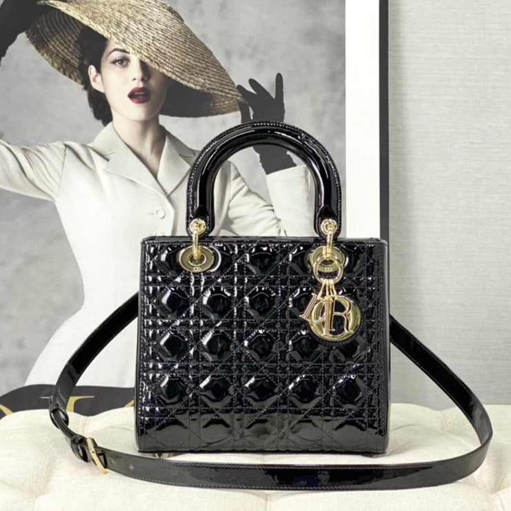 Luxury Diormedium lady 24 black patent calfskin