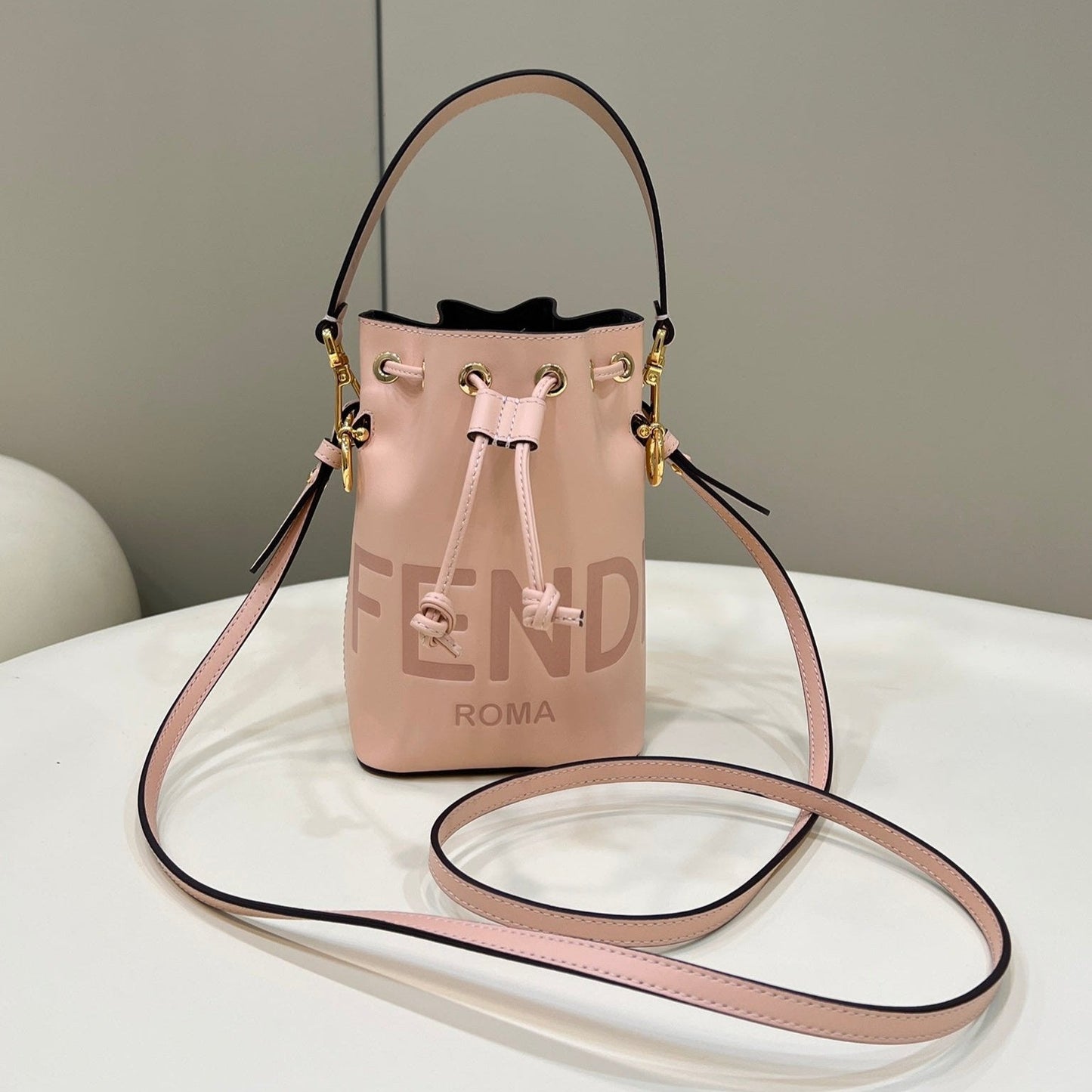 Luxury FendiMON TRESOR MINI 18 BAG IN PEACHY PINK CALFSKIN FF WITH GOLD HARDWARE