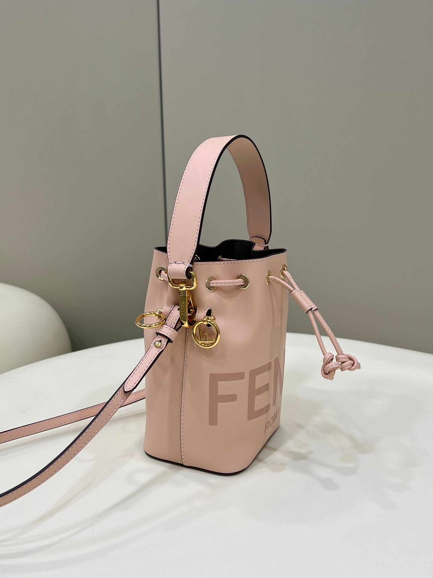 Luxury FendiMON TRESOR MINI 18 BAG IN PEACHY PINK CALFSKIN FF WITH GOLD HARDWARE