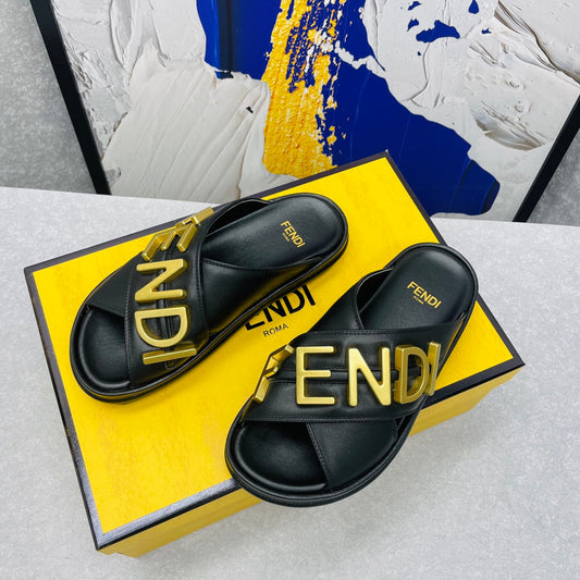 Luxury FendiLuxury FendiGRAPHY LOGO LETTERING SLIDES IN BLACK LAMBSKIN WITH GOLD HARDWARE