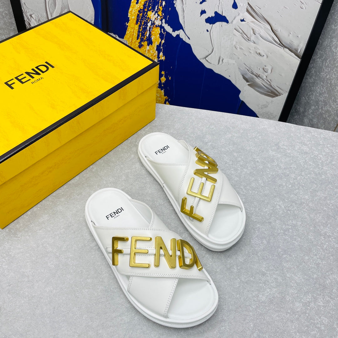 Luxury FendiLuxury FendiGRAPHY LOGO LETTERING SLIDES IN WHITE LAMBSKIN WITH GOLD HARDWARE