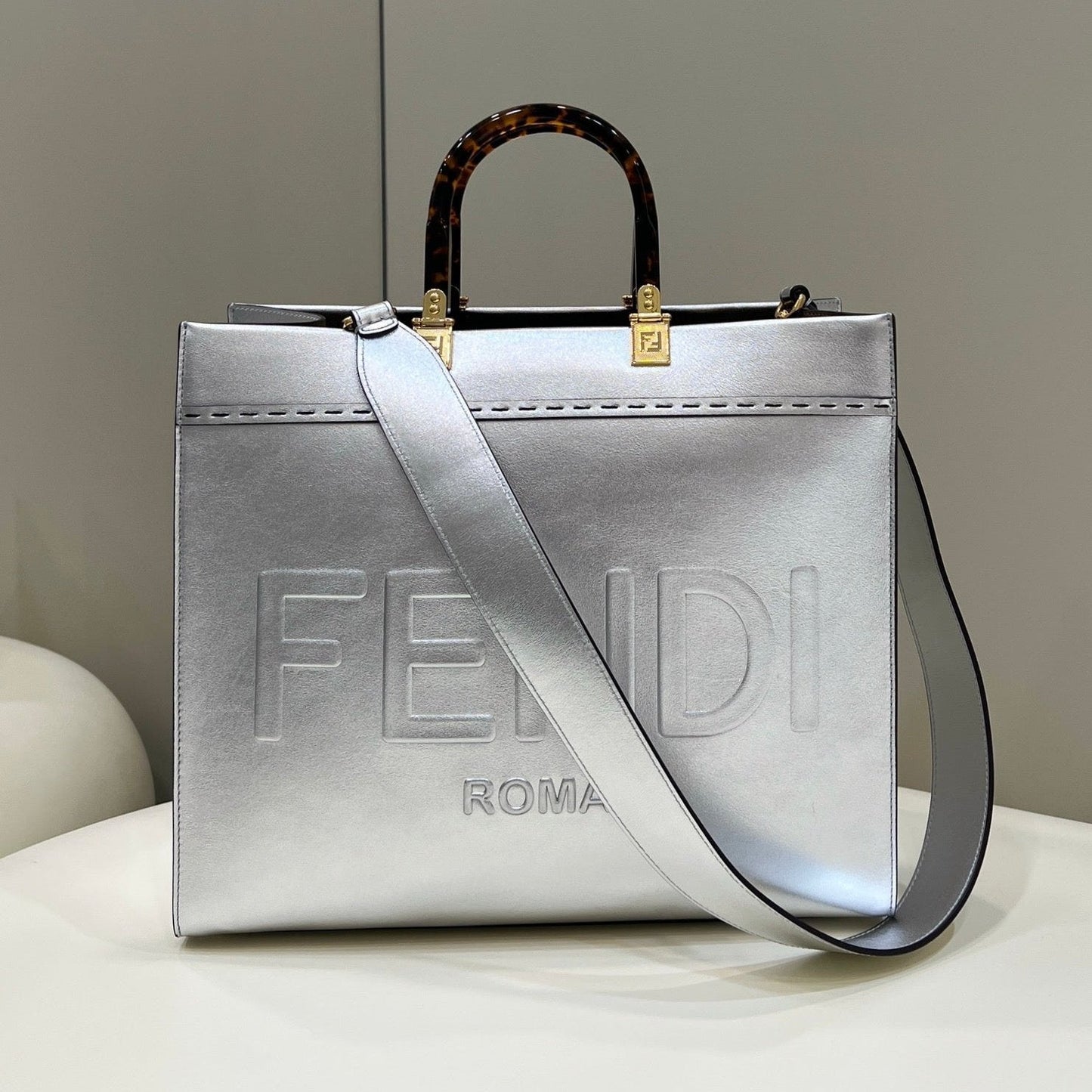 Luxury FendiSHINE LARGE 35 TOTE IN SILVER CALFSKIN