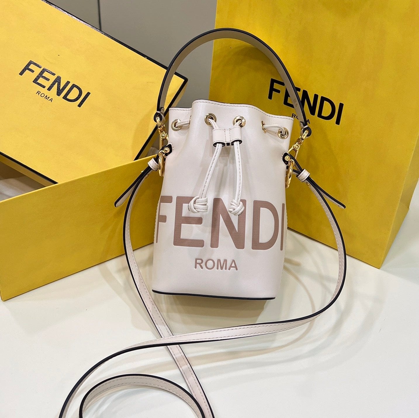 Luxury FendiMON TRESOR MINI 18 BAG IN WHITE CALFSKIN FF WITH GOLD HARDWARE