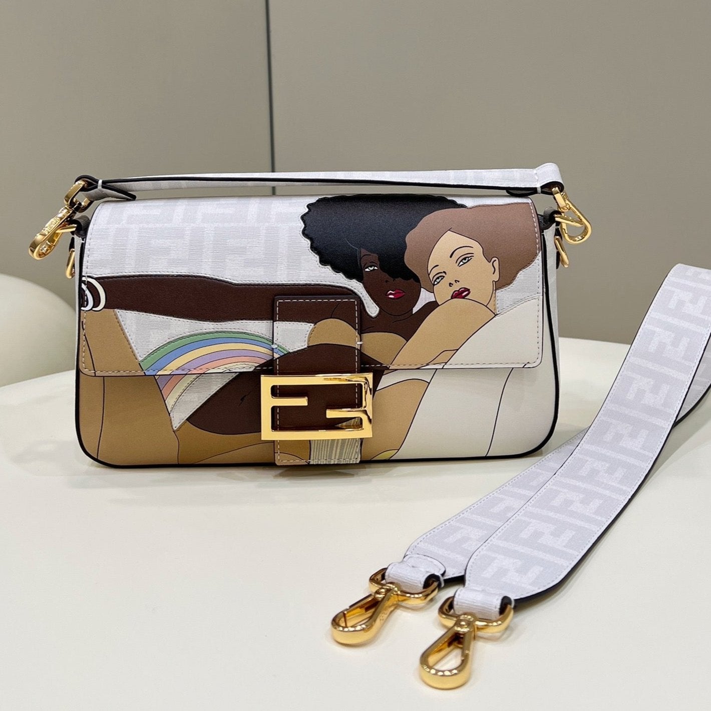Luxury FendiLuxury Fendi27 BAGUETTE BAG IN WHITE CALFSKIN ATTACH STICKER GOLD HARDWARE