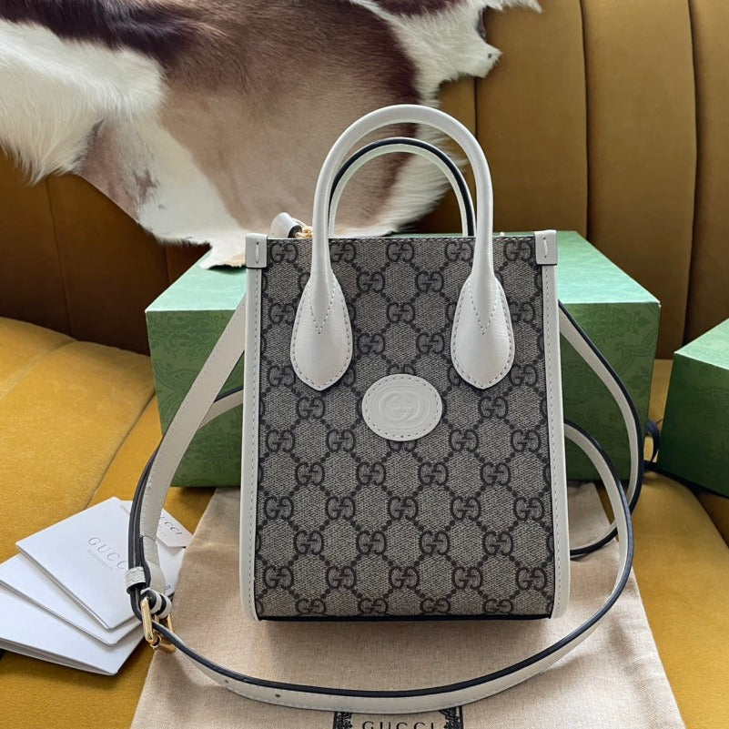 Luxury Gucci MINI TOTE  20 BAG IN BEIGE CANVAS AND WHITE CALFSKIN