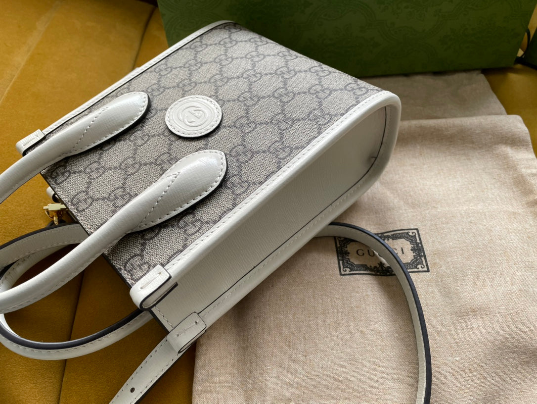 Luxury Gucci MINI TOTE  20 BAG IN BEIGE CANVAS AND WHITE CALFSKIN
