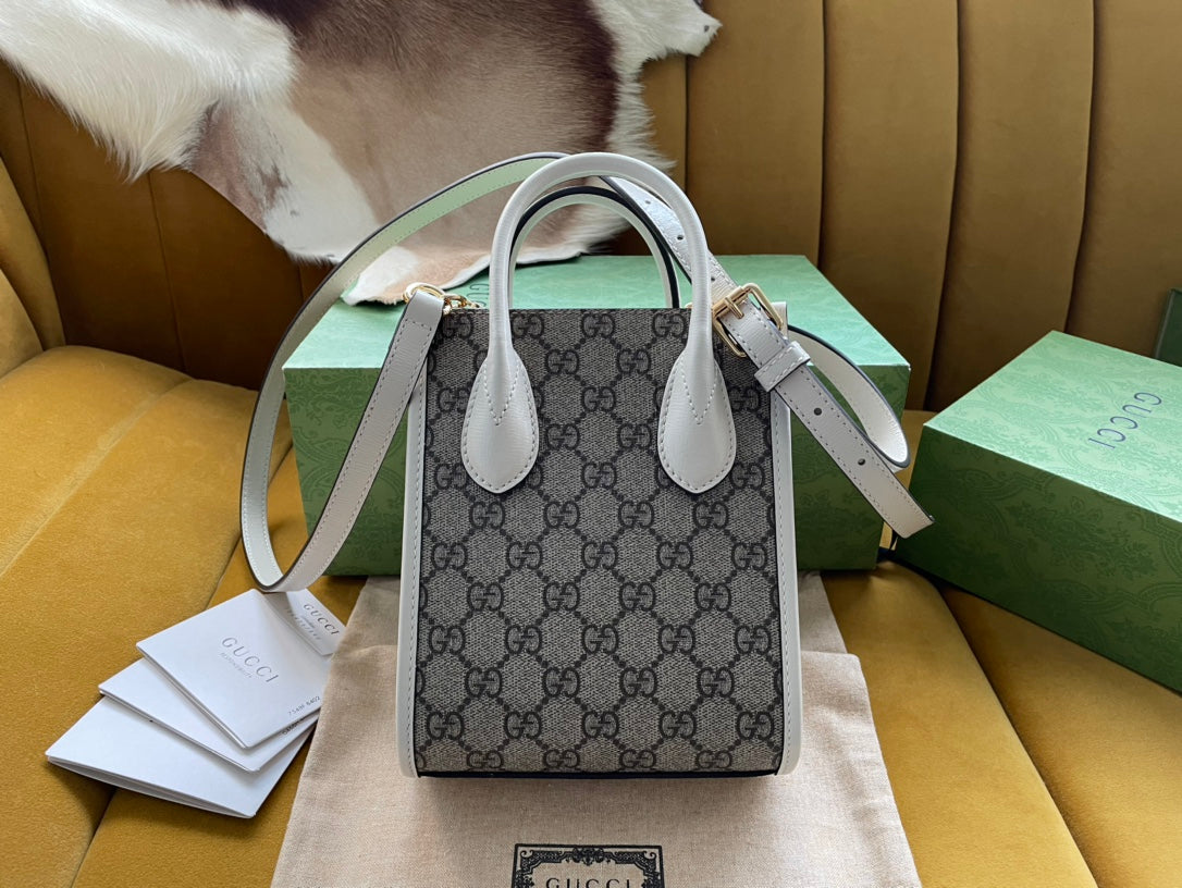 Luxury Gucci MINI TOTE  20 BAG IN BEIGE CANVAS AND WHITE CALFSKIN