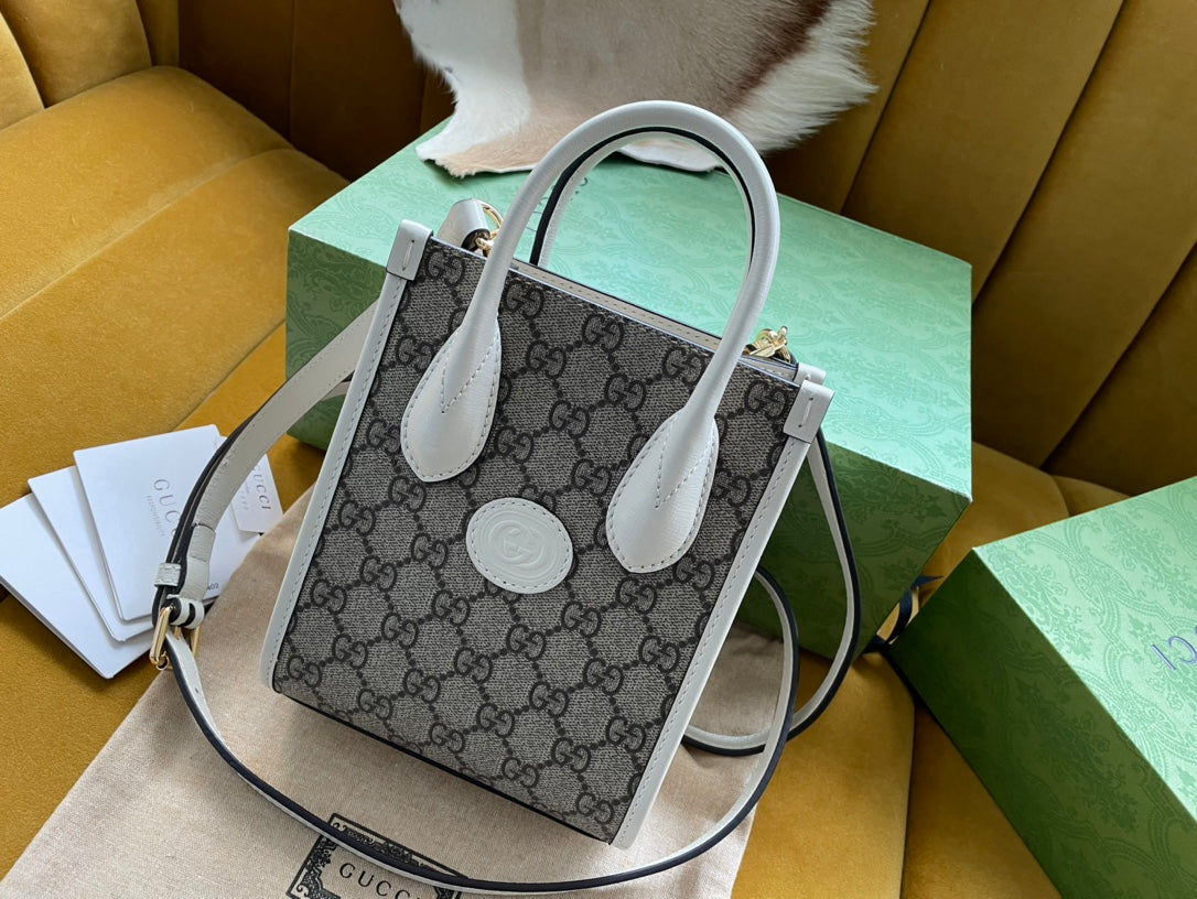 Luxury Gucci MINI TOTE  20 BAG IN BEIGE CANVAS AND WHITE CALFSKIN