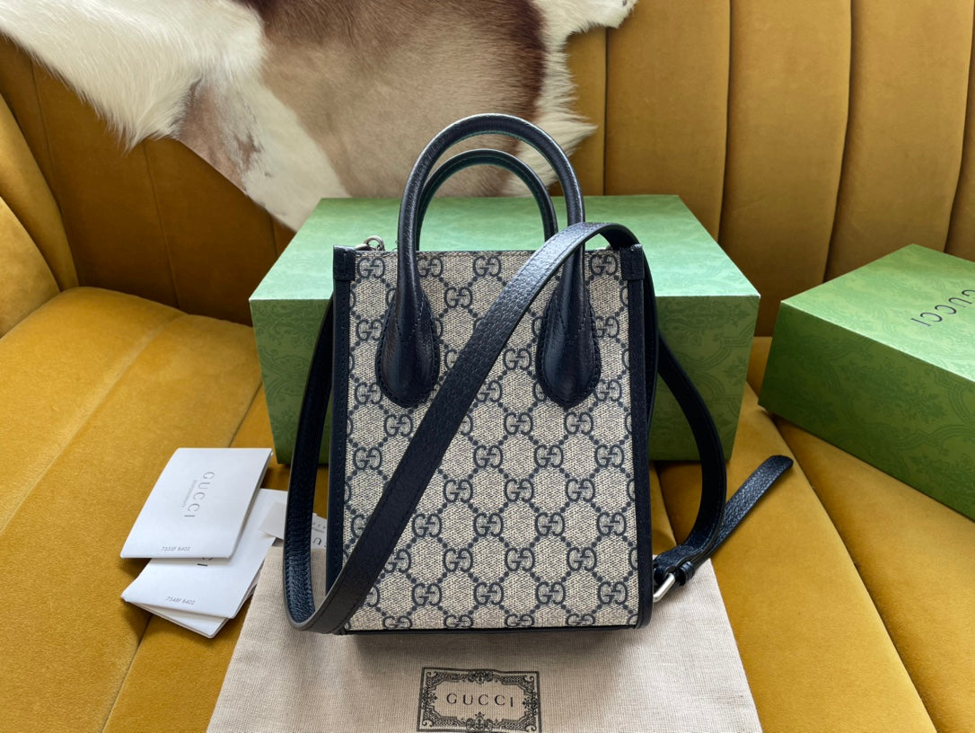 Luxury Gucci MINI TOTE  20 BAG IN BEIGE CANVAS AND BLACK CALFSKIN