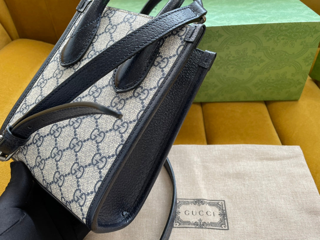 Luxury Gucci MINI TOTE  20 BAG IN BEIGE CANVAS AND BLACK CALFSKIN