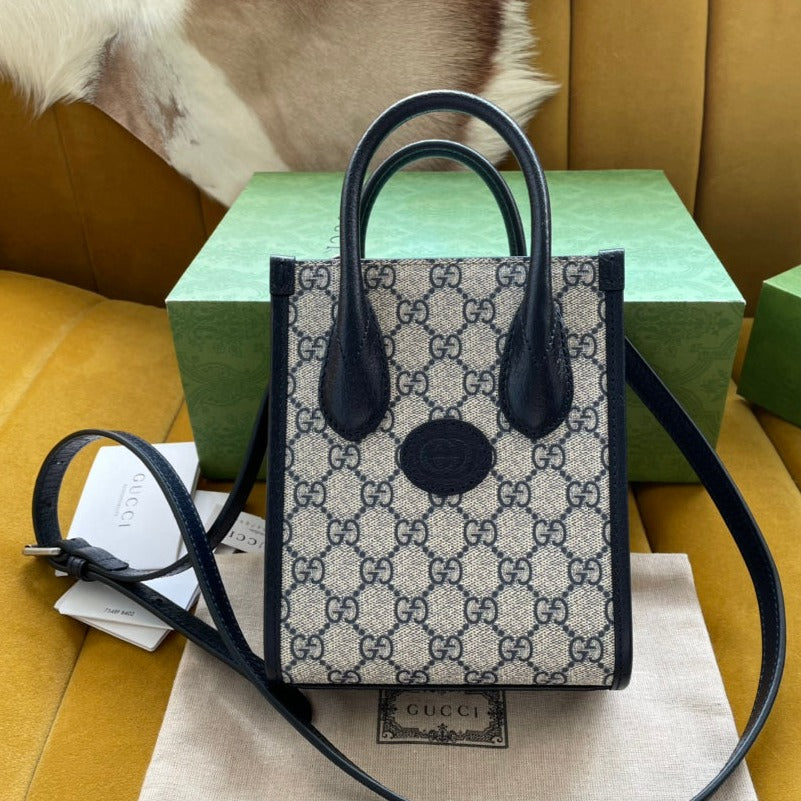 Luxury Gucci MINI TOTE  20 BAG IN BEIGE CANVAS AND BLACK CALFSKIN