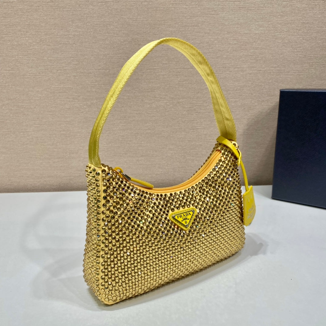 Luxury PradaSPARKLING HOBO BAG 23 IN YELLOW NYLON ATTACHED FULLY CRYSTALS