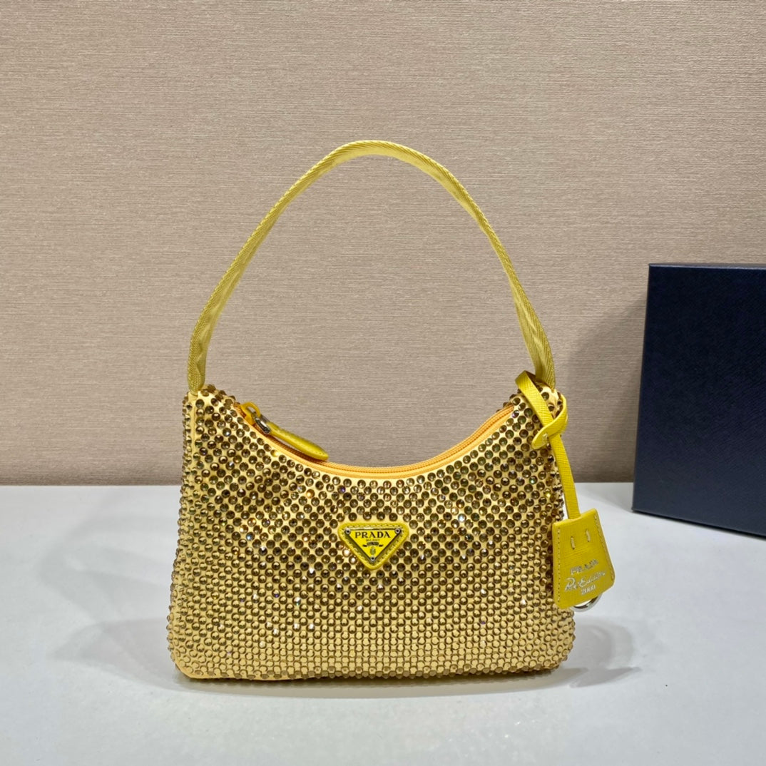 Luxury PradaSPARKLING HOBO BAG 23 IN YELLOW NYLON ATTACHED FULLY CRYSTALS