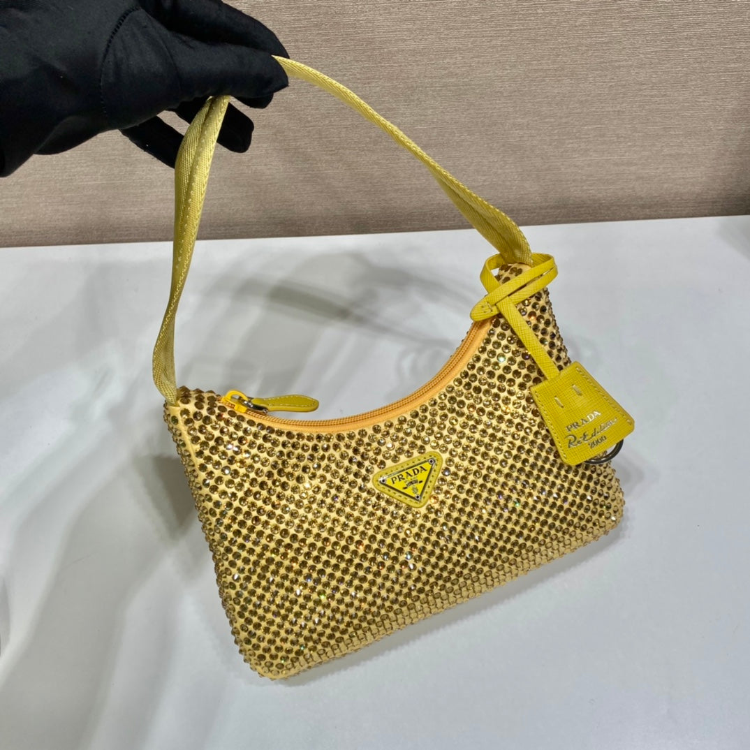 Luxury PradaSPARKLING HOBO BAG 23 IN YELLOW NYLON ATTACHED FULLY CRYSTALS