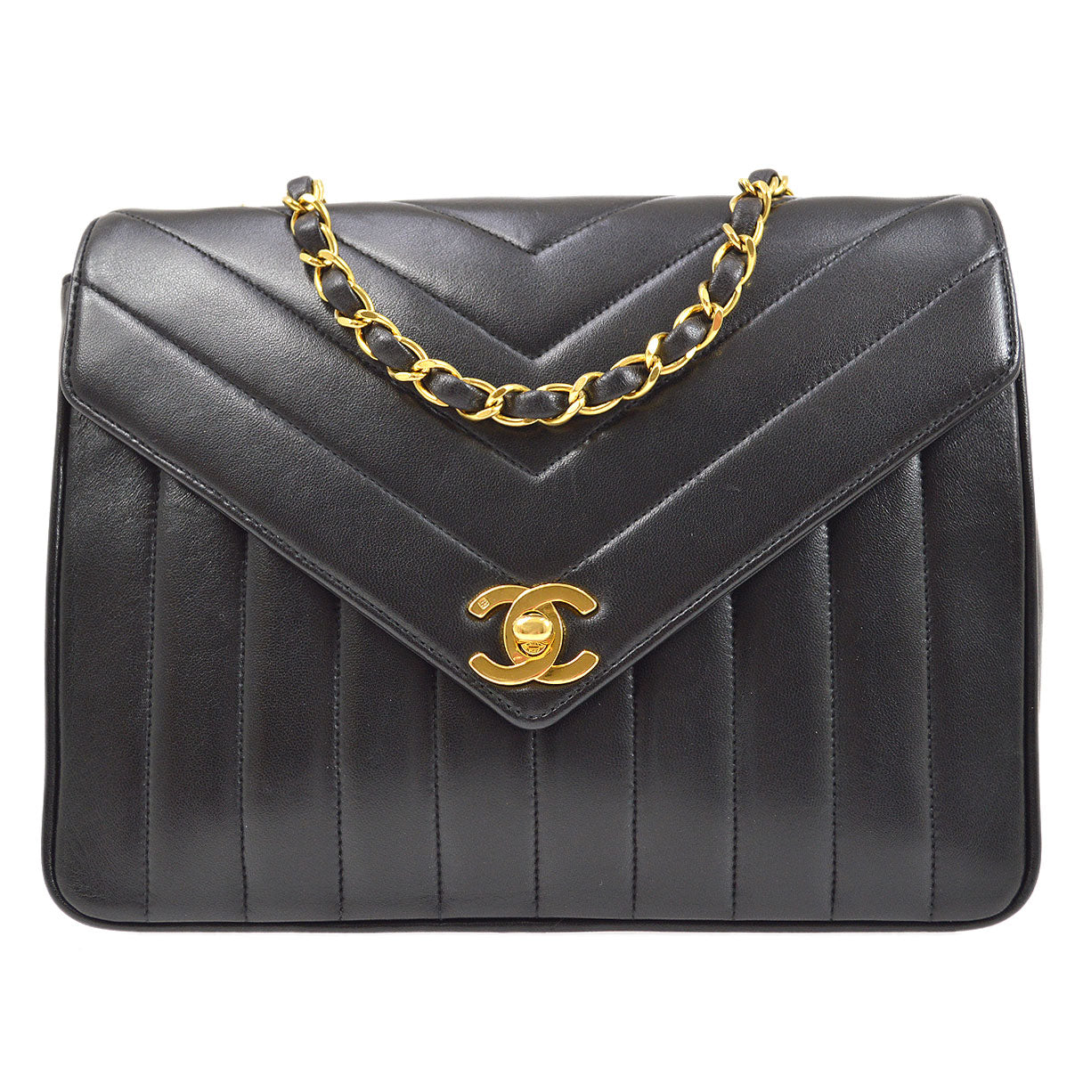 CHANEL★ 1991-1994 Black Lambskin Chevron Letter Flap Bag Small 14355