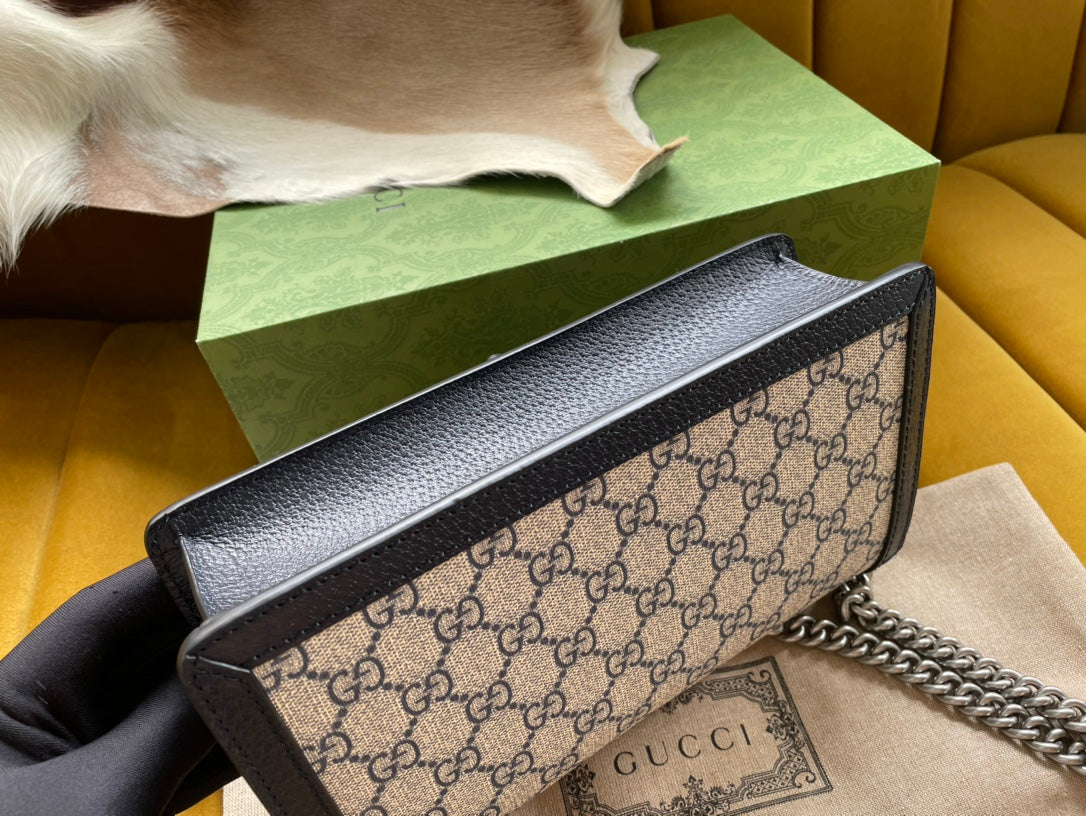 Luxury Gucci DYONYSUS SHOULDER BAG 25 IN BEIGE JACQUARD FABRIC AND BLACK CALFSKIN TRIM SILVER HARDWARE