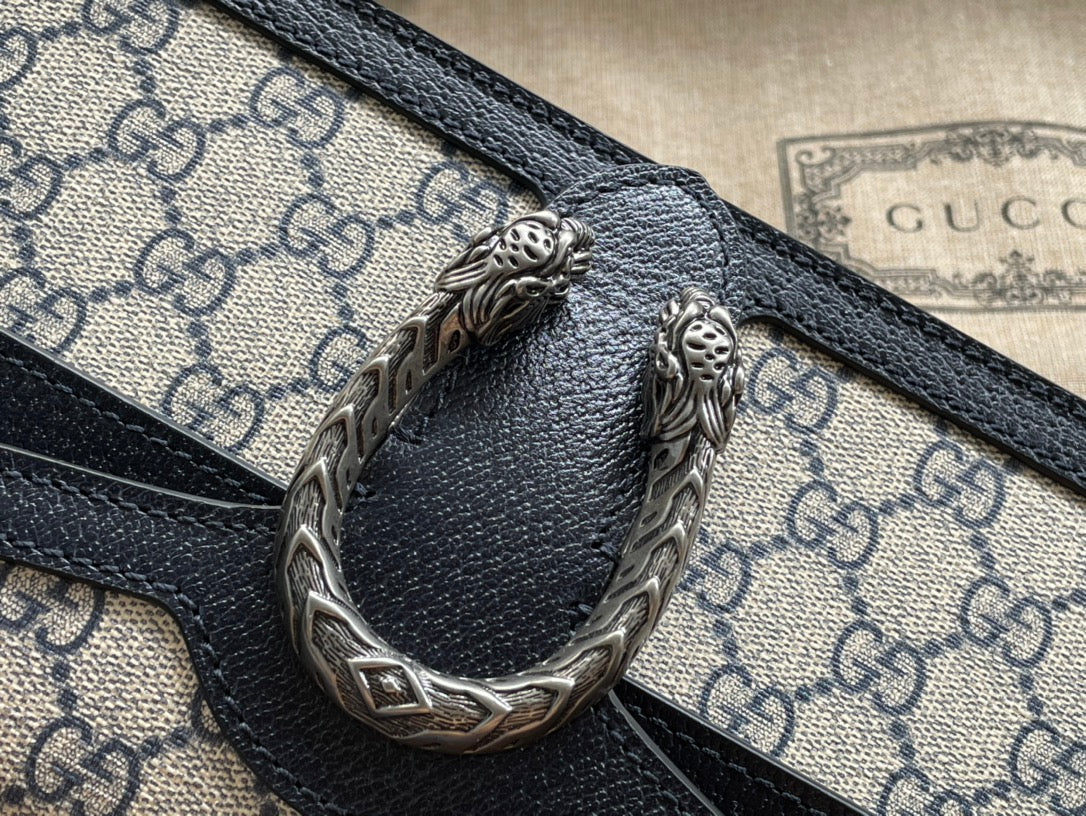 Luxury Gucci DYONYSUS SHOULDER BAG 25 IN BEIGE JACQUARD FABRIC AND BLACK CALFSKIN TRIM SILVER HARDWARE