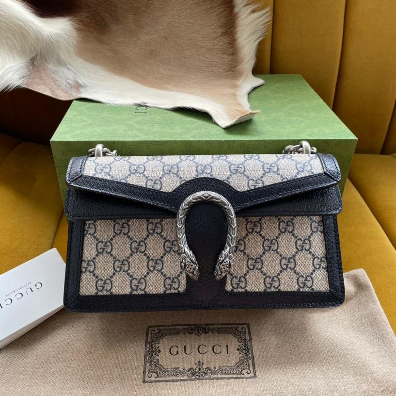 Luxury Gucci DYONYSUS SHOULDER BAG 25 IN BEIGE JACQUARD FABRIC AND BLACK CALFSKIN TRIM SILVER HARDWARE