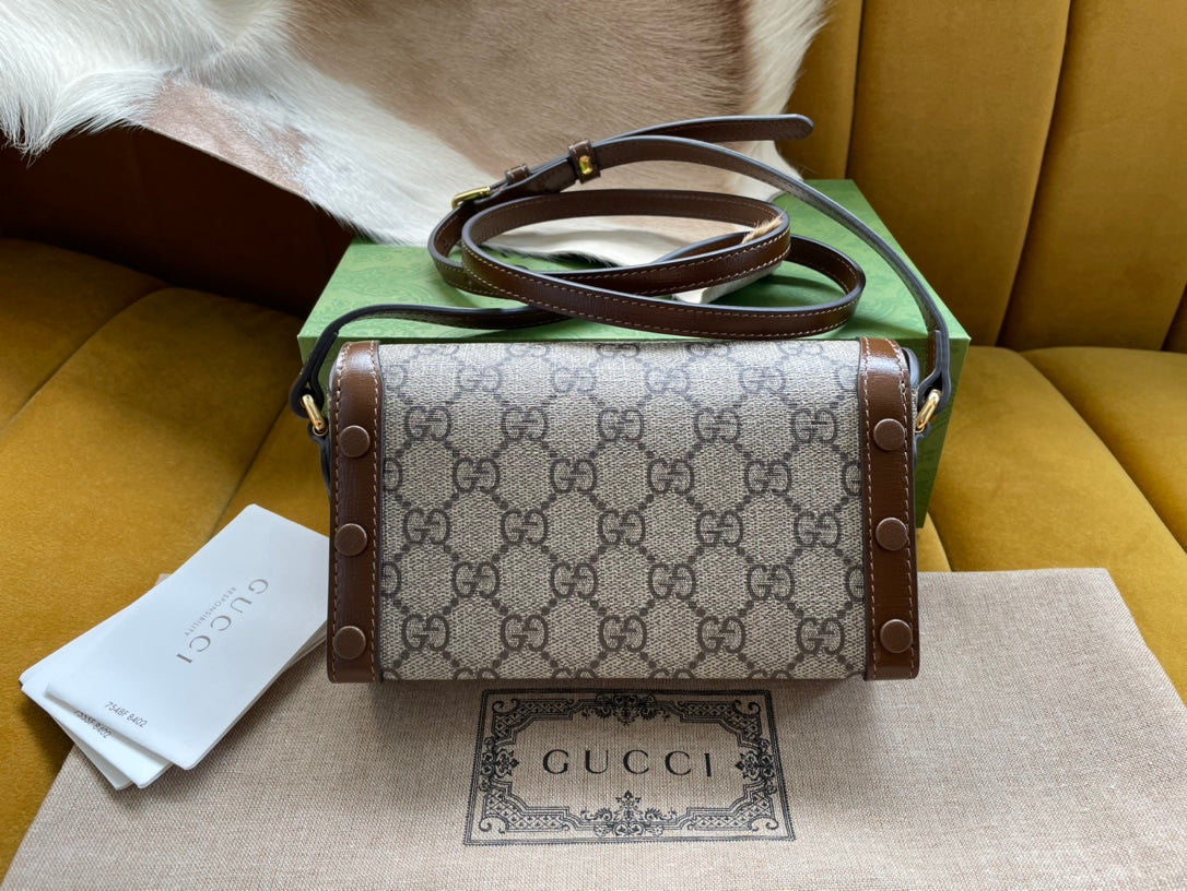 Luxury Gucci GG HORSEBIT 1955 MINI 18 BAG BEIGE CANVAS AND BROWN CALFSKIN