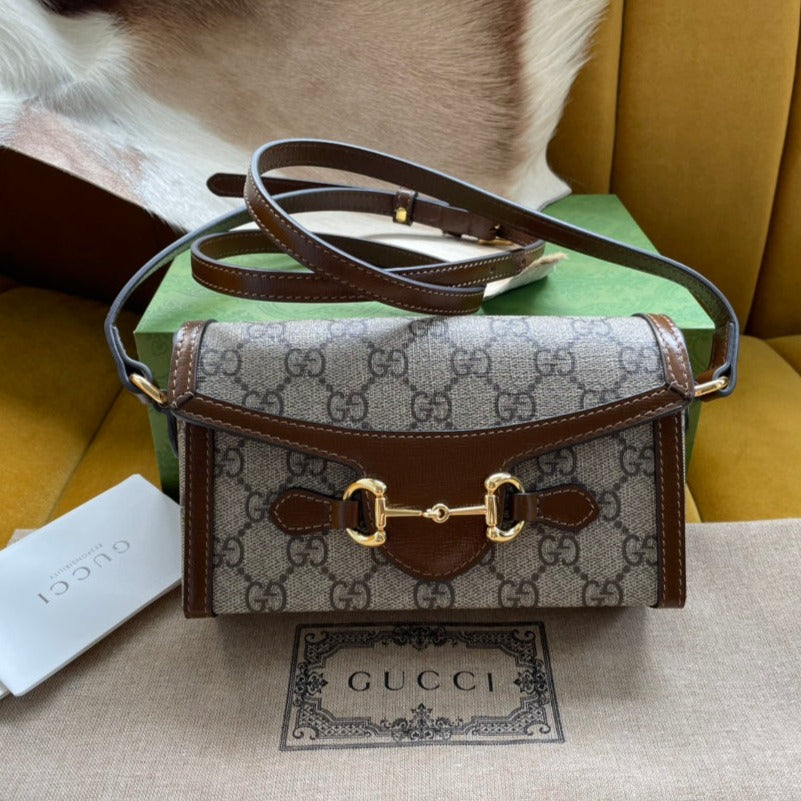 Luxury Gucci GG HORSEBIT 1955 MINI 18 BAG BEIGE CANVAS AND BROWN CALFSKIN