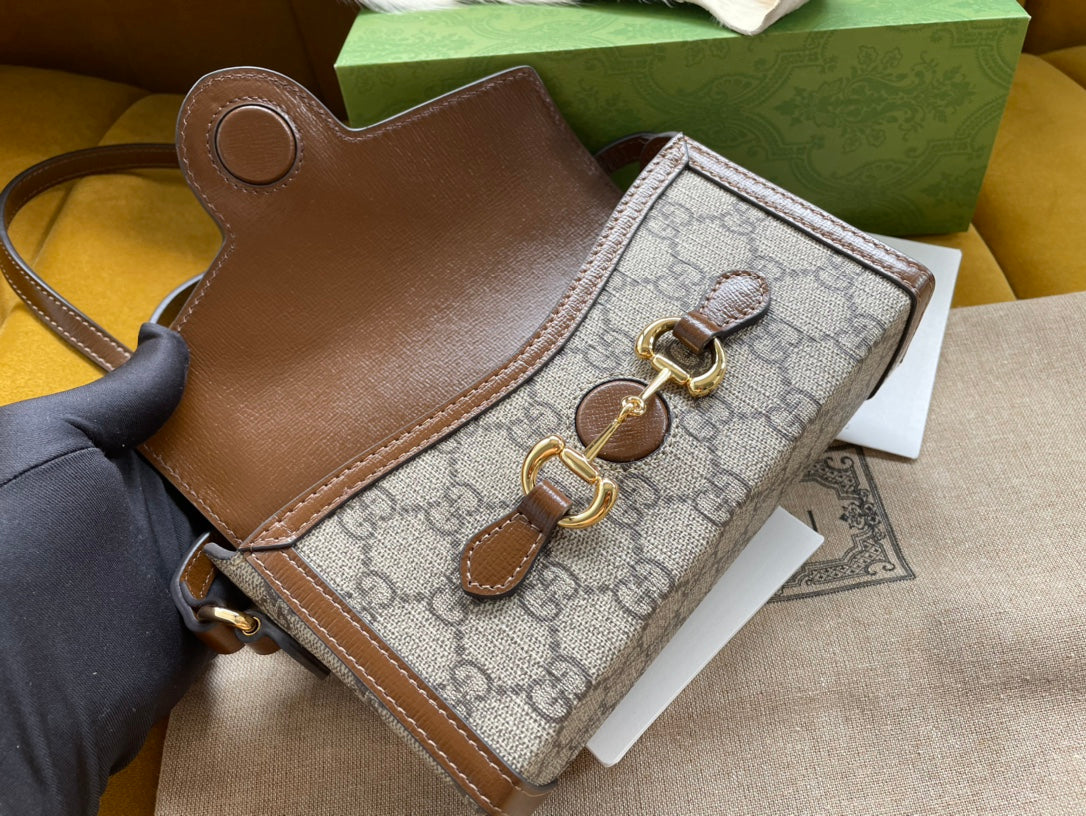 Luxury Gucci GG HORSEBIT 1955 MINI 18 BAG BEIGE CANVAS AND BROWN CALFSKIN