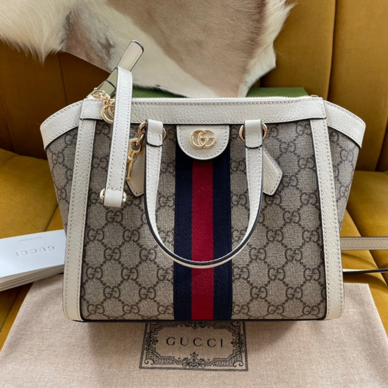 Luxury Gucci GG OPHIDIA 24 TOTE IN BEIGE CANVAS AND WHITE CALFSKIN
