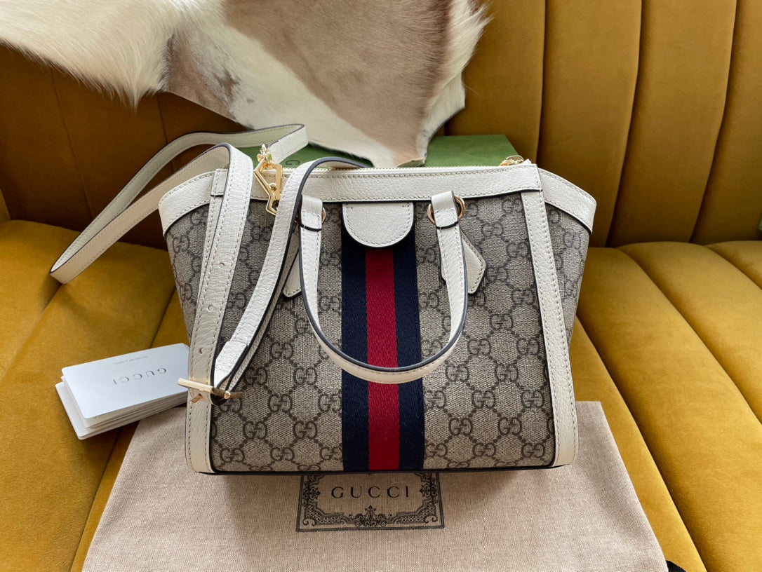 Luxury Gucci GG OPHIDIA 24 TOTE IN BEIGE CANVAS AND WHITE CALFSKIN