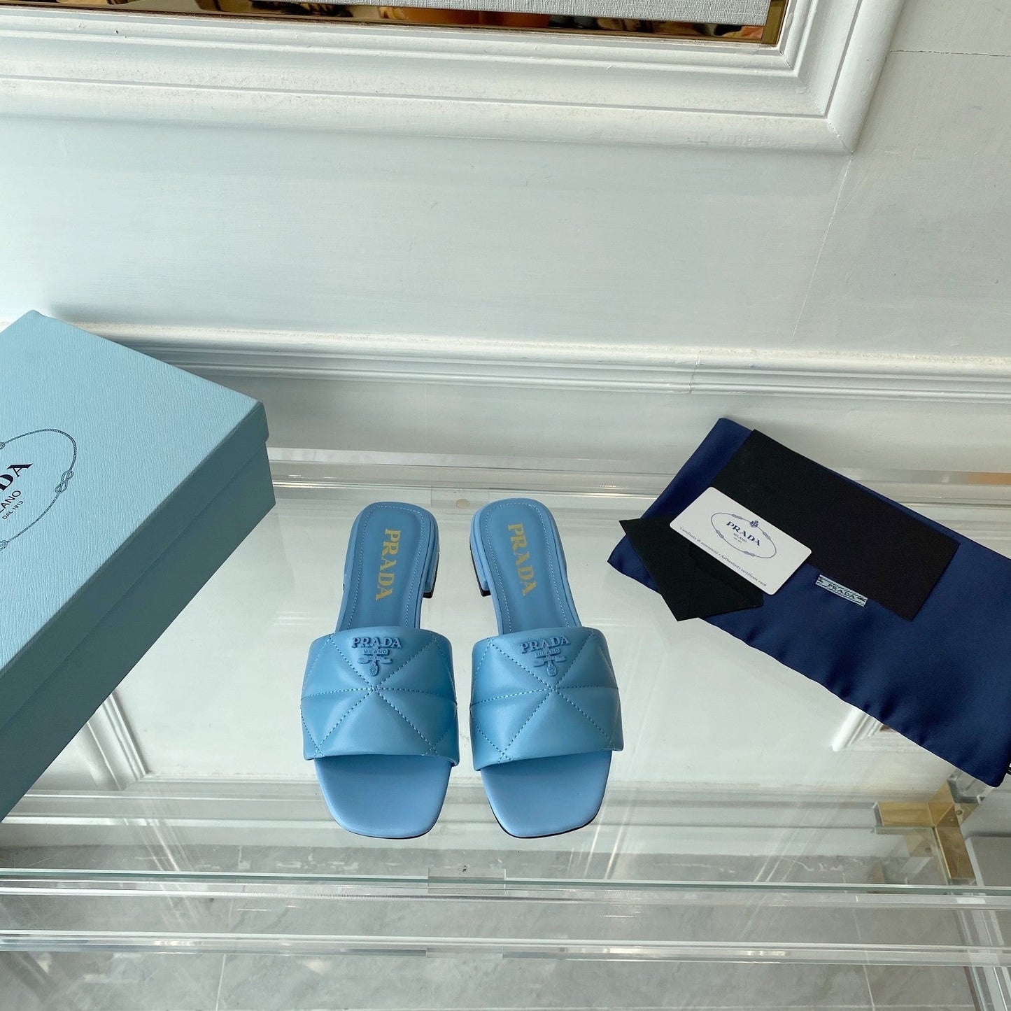Luxury PradaSlide 25 Quilted Sky Blue leather