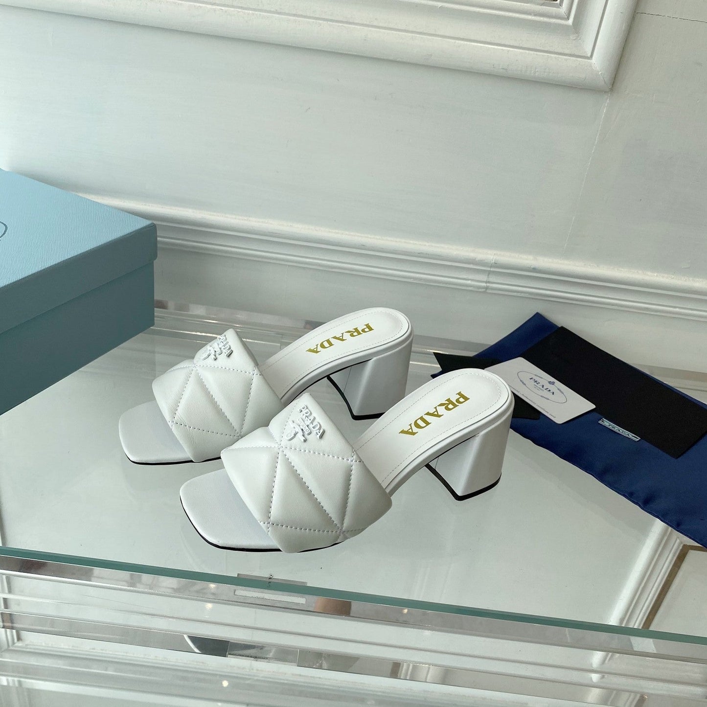 Luxury PradaHeeled Sandal 65 Square Sole Quilted White Leather