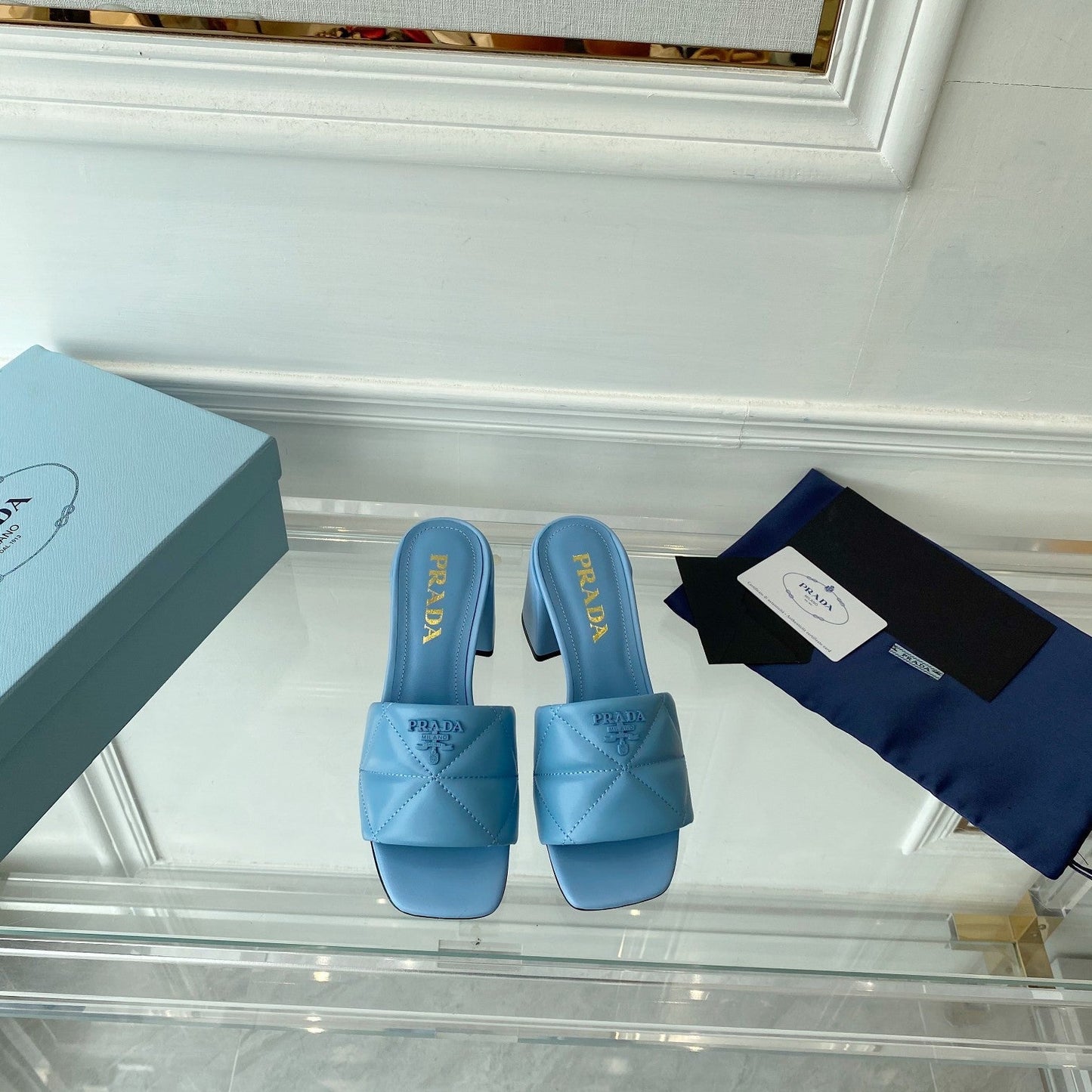 Luxury PradaHeeled Sandal 65 Square Sole Quilted Sky Blue Leather