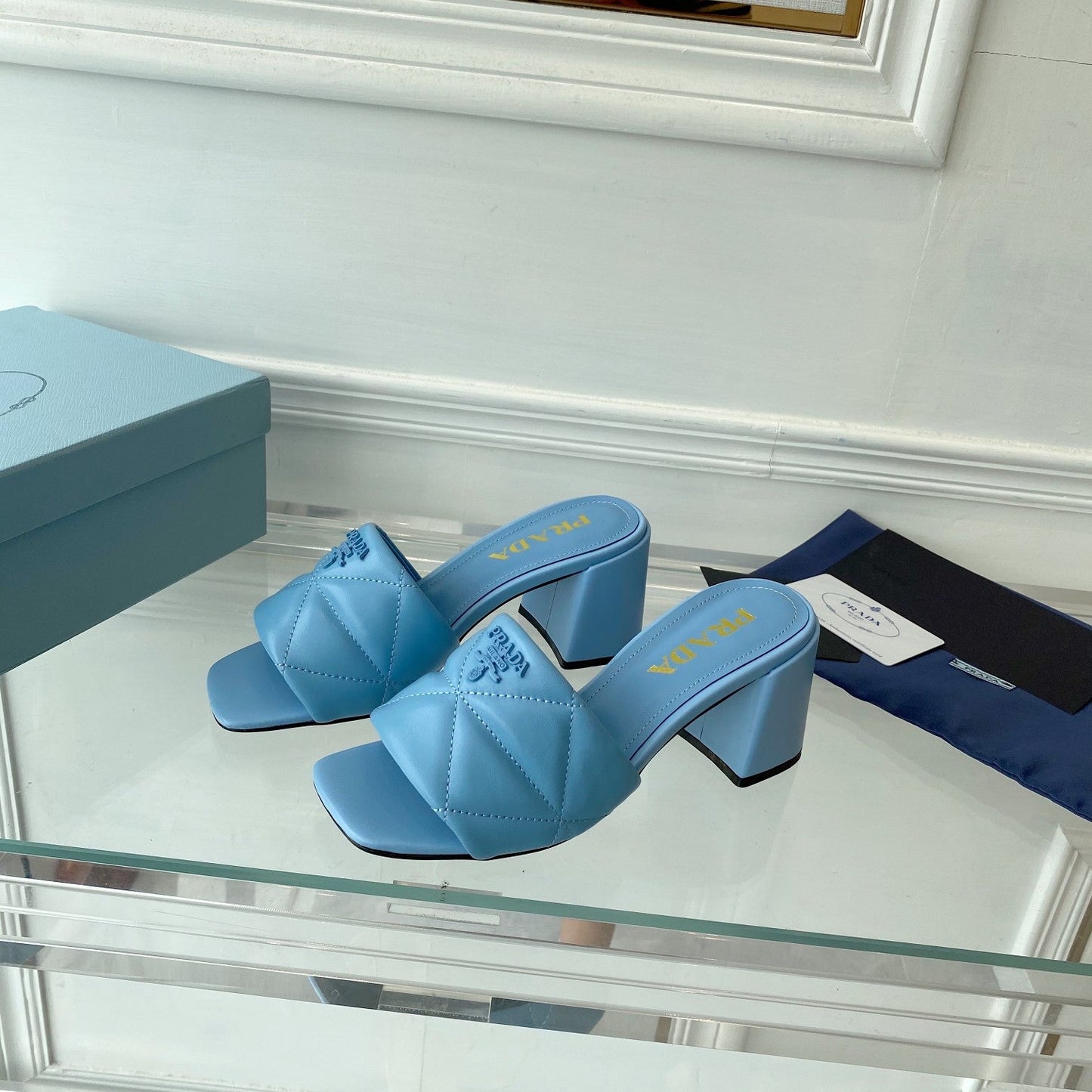 Luxury PradaHeeled Sandal 65 Square Sole Quilted Sky Blue Leather