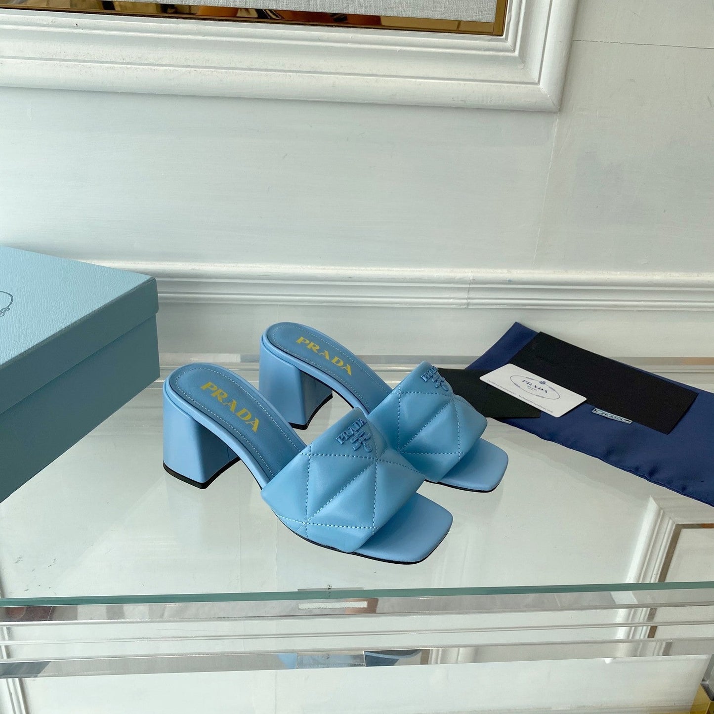 Luxury PradaHeeled Sandal 65 Square Sole Quilted Sky Blue Leather