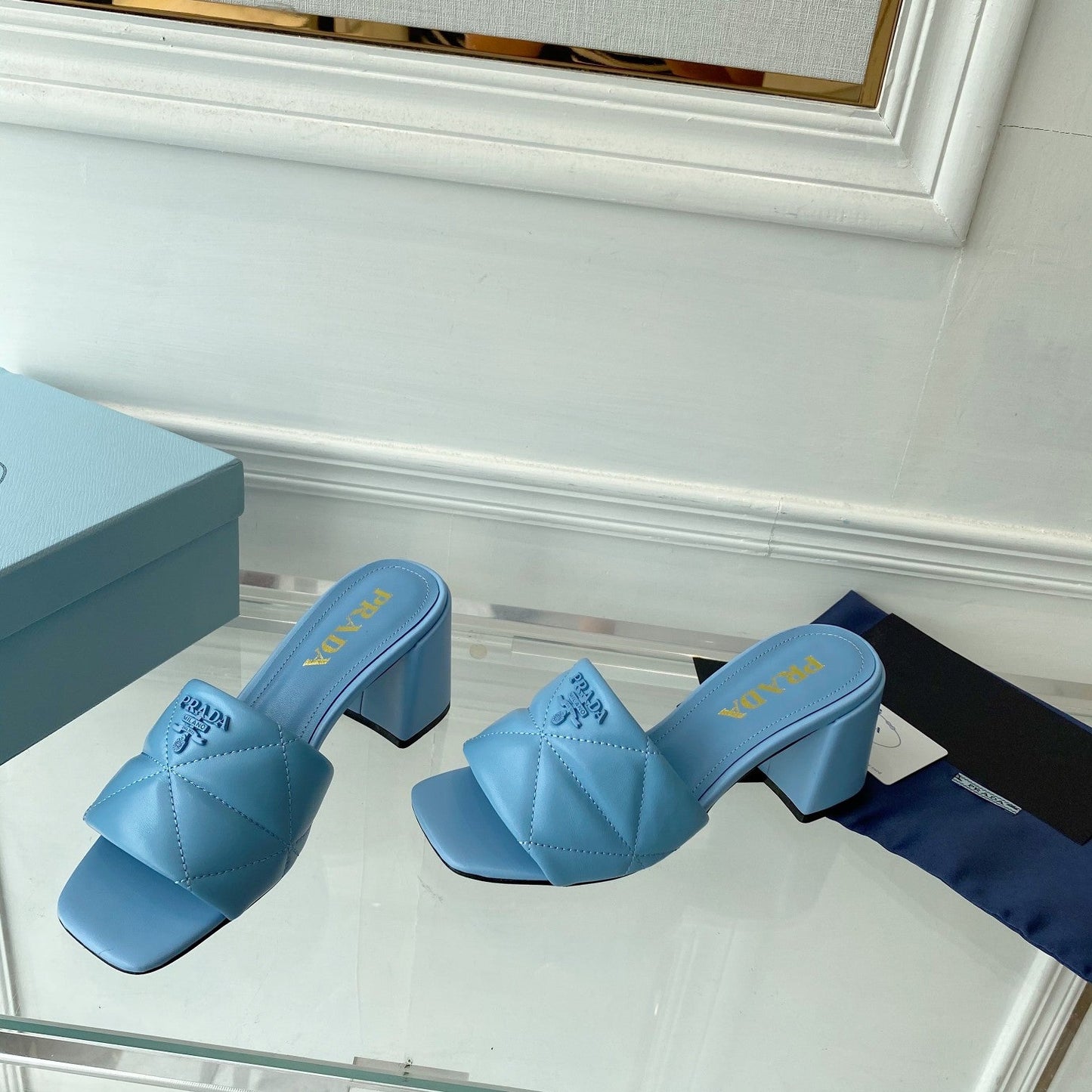 Luxury PradaQUILTED NAPPA HEELED SANDALS SKY LAMBSKIN