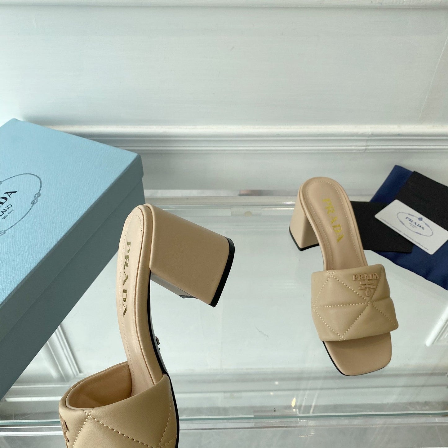 Luxury PradaHeeled Sandal 65 Square Sole Quilted Beige Leather