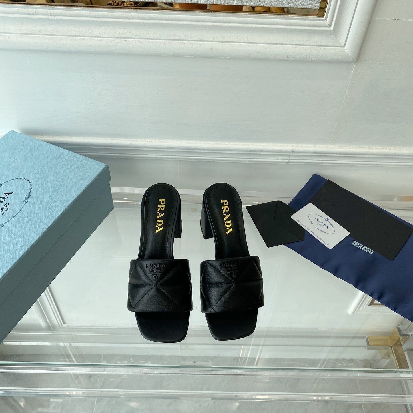 Luxury PradaHeeled Sandal 65 Square Sole Quilted Black Leather