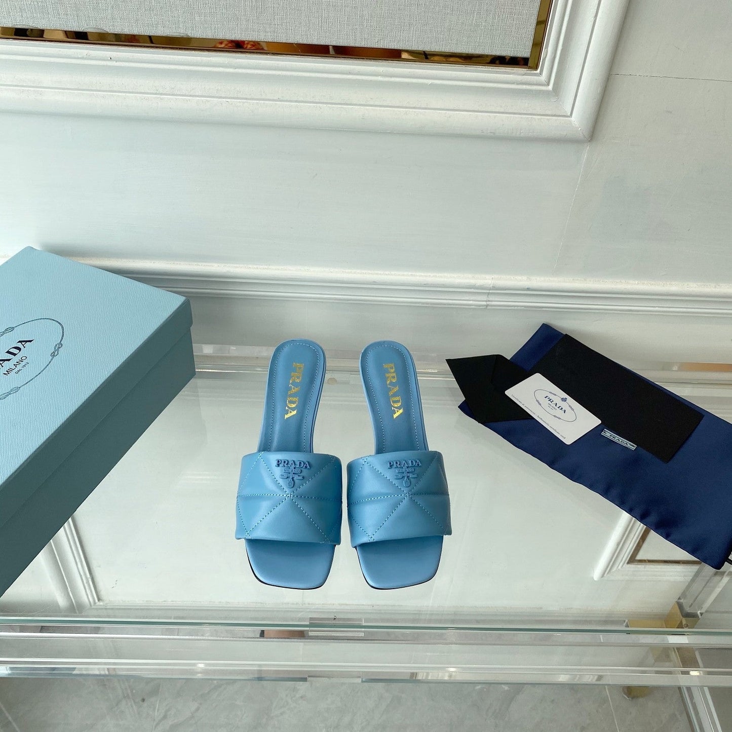 Luxury PradaHeeled Sandal 65 Pointed Sole Quilted Sky Blue Leather