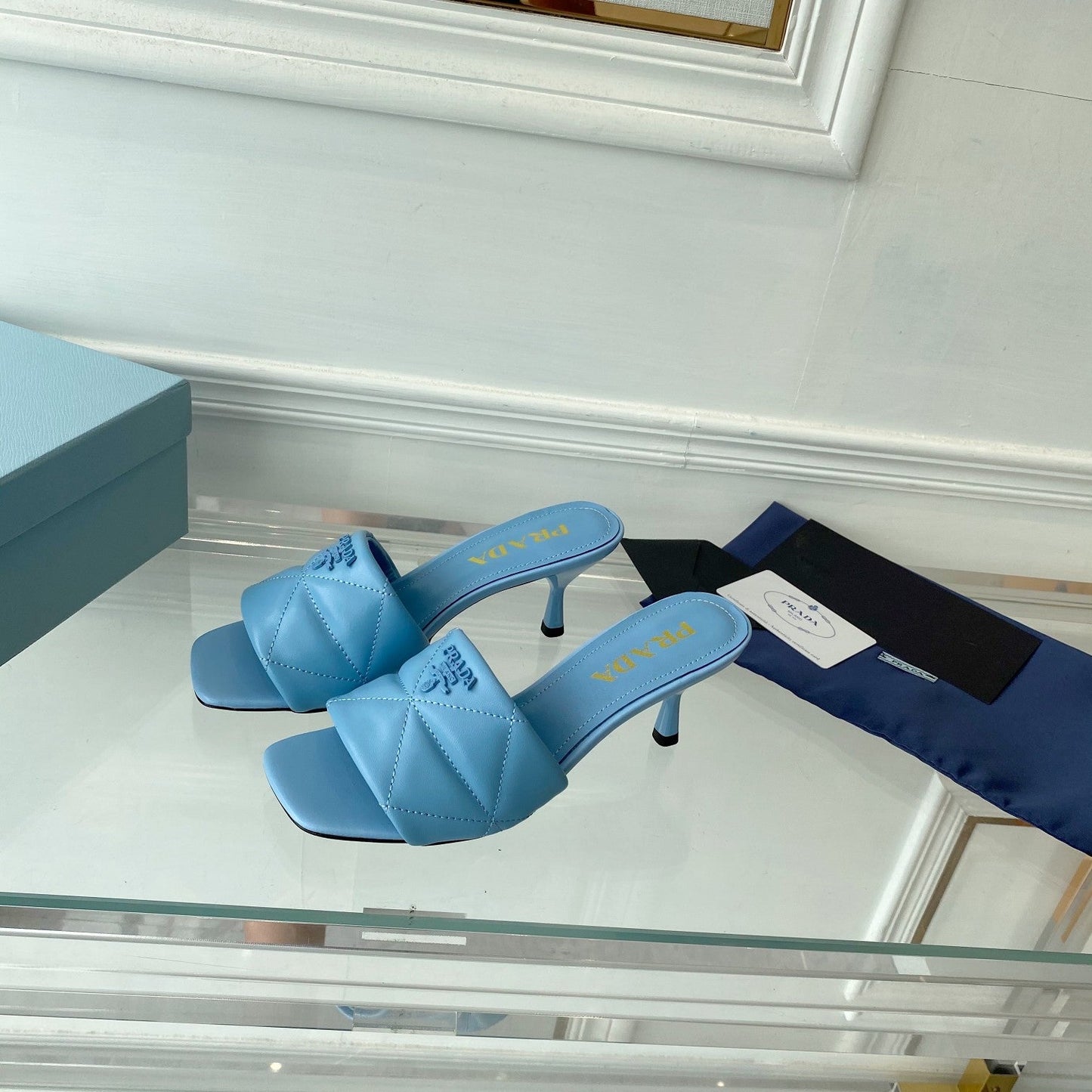 Luxury PradaHeeled Sandal 65 Pointed Sole Quilted Sky Blue Leather