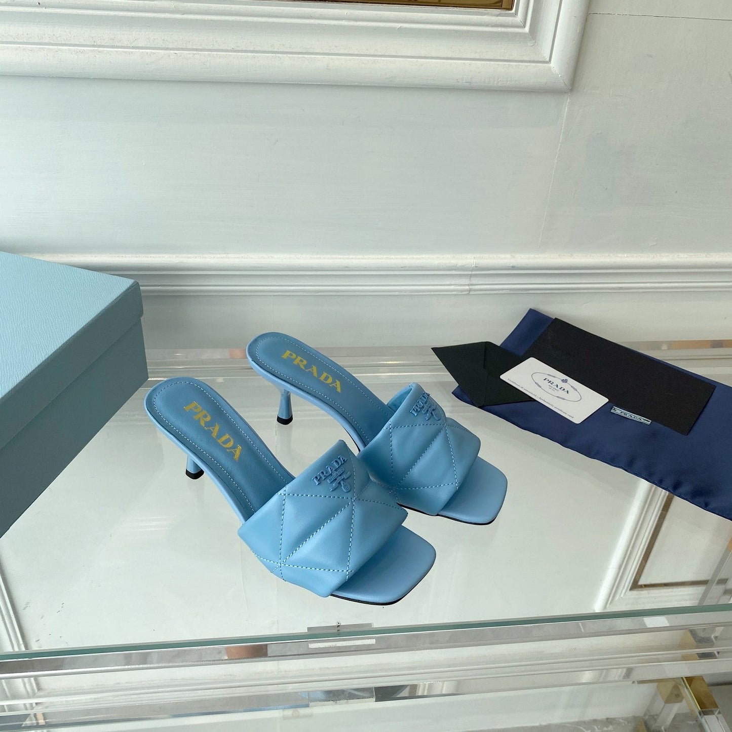 Luxury PradaHeeled Sandal 65 Pointed Sole Quilted Sky Blue Leather