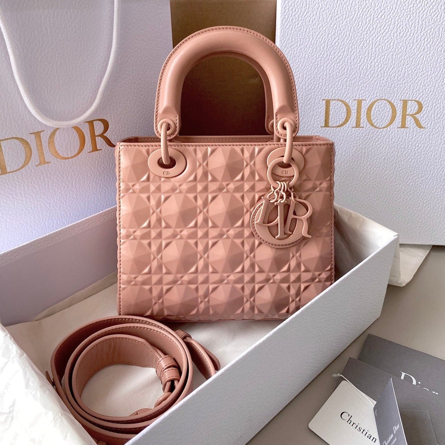 Luxury DiorSMALL LADY 20 BLUSH ULTRAMATTE LAMBSKIN DIAMOND MOTIF