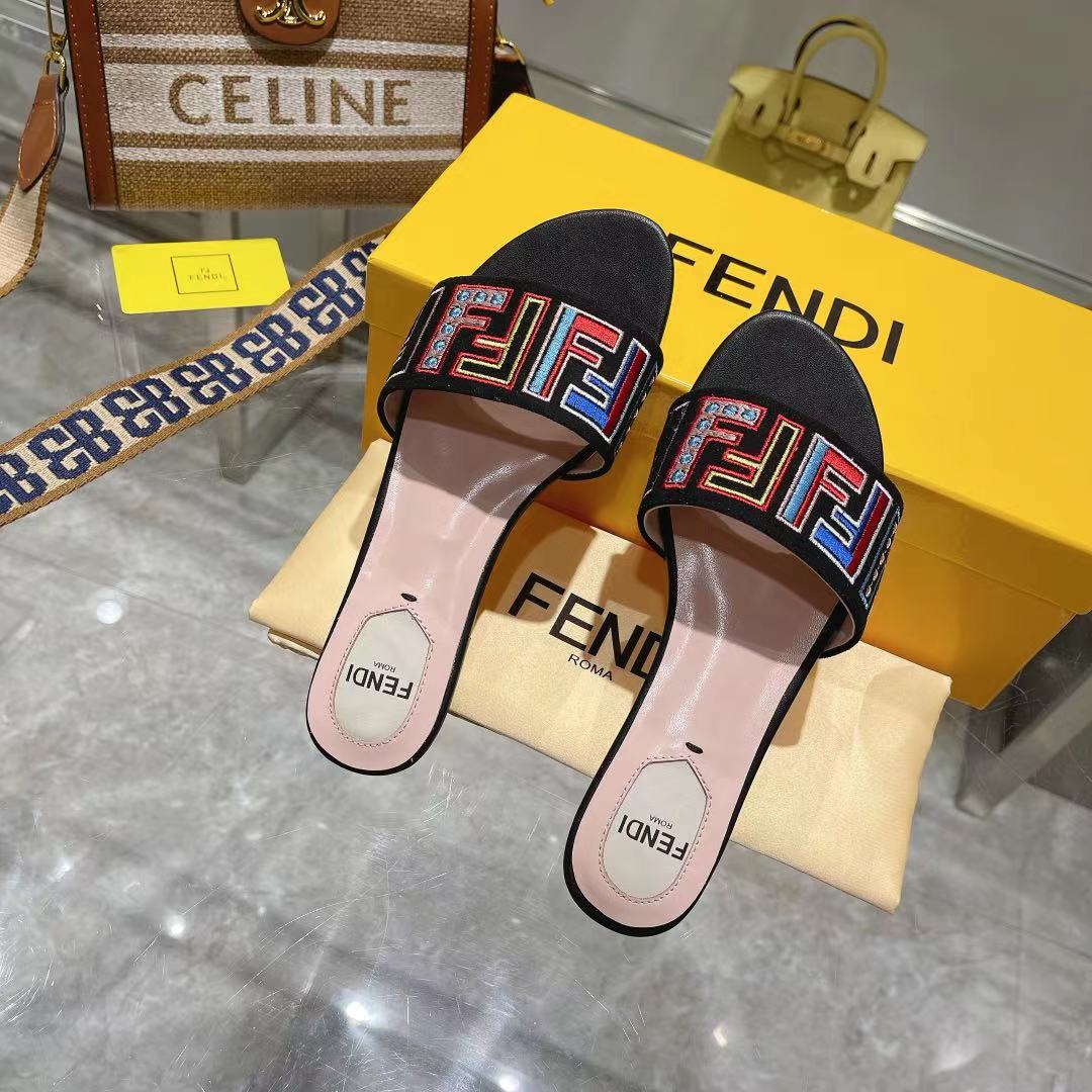 Luxury FendiFF Multicolor Logo Slide Pink Black Leather