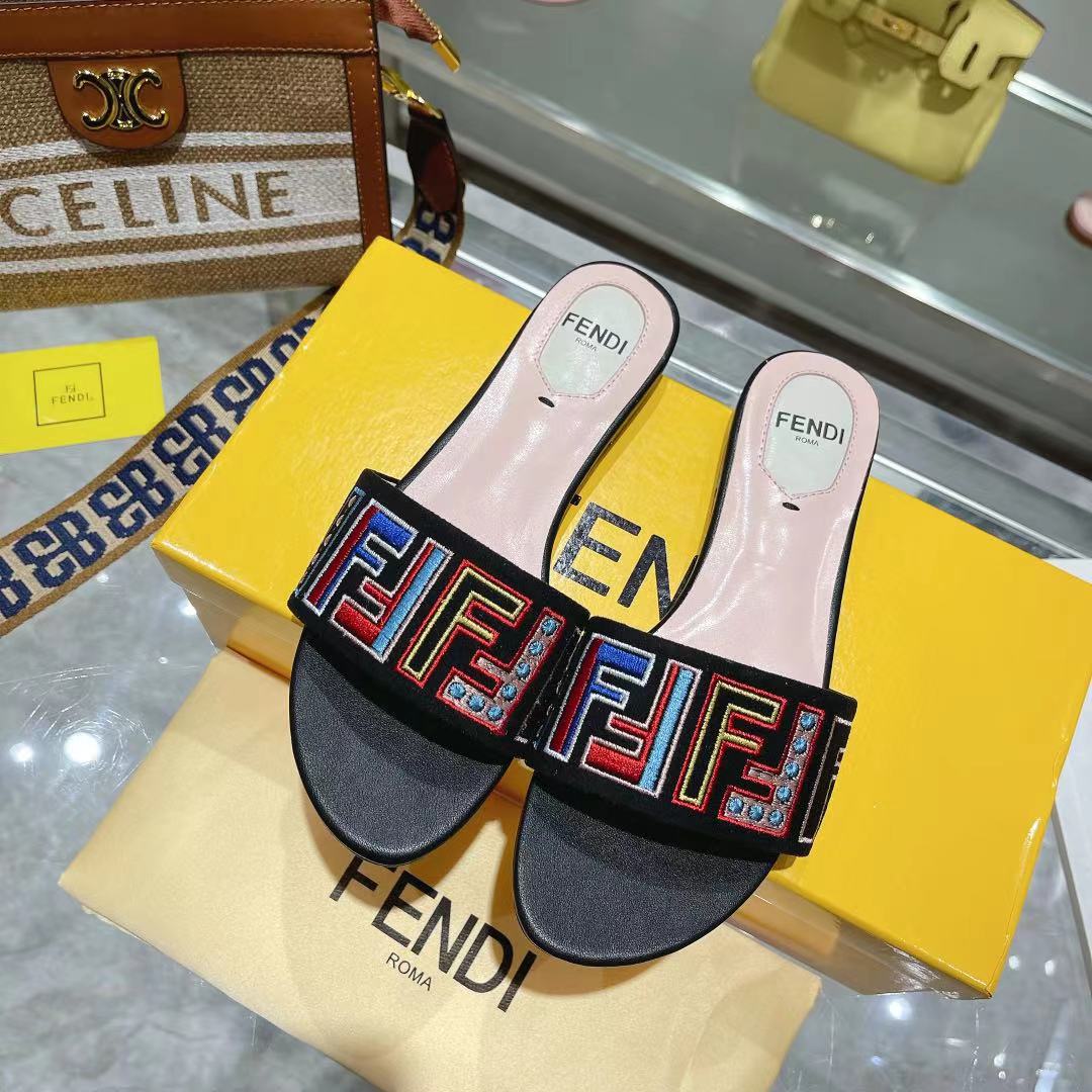 Luxury FendiFF Multicolor Logo Slide Pink Black Leather