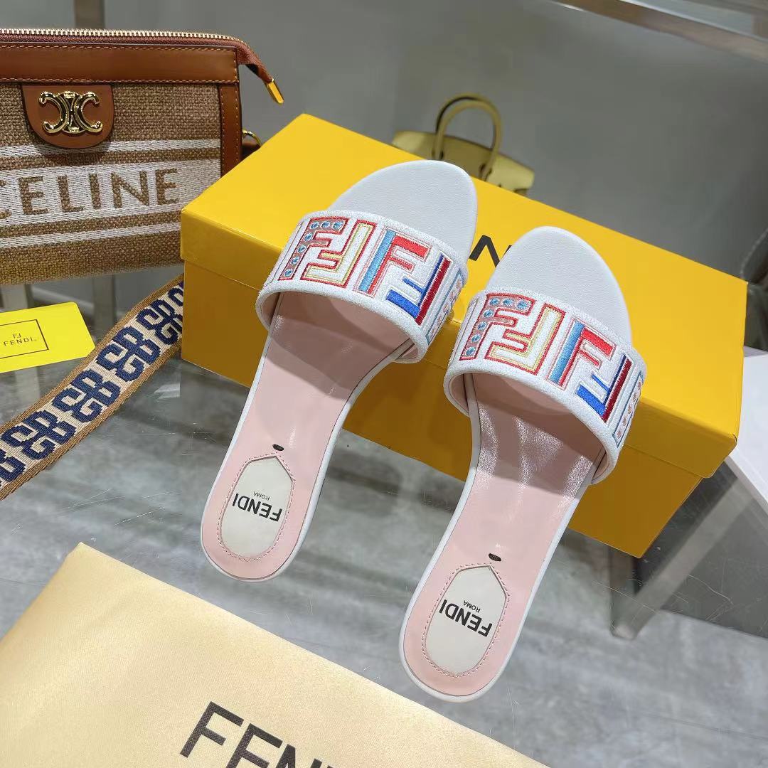 Luxury FendiFF Multicolor Logo Slide Pink White Leather