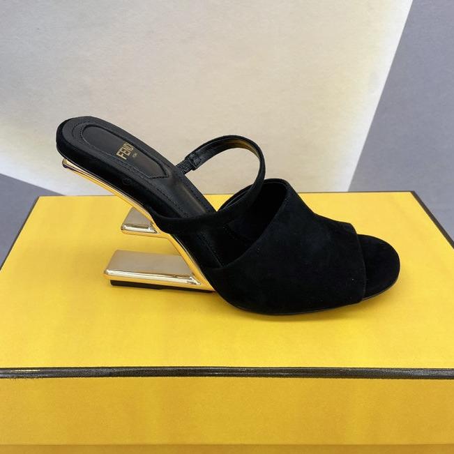 Luxury FendiLuxury FendiFIRST 95 MM HIGH-HEELED SANDAL IN BLACK SUEDE GOLD HARDWARE