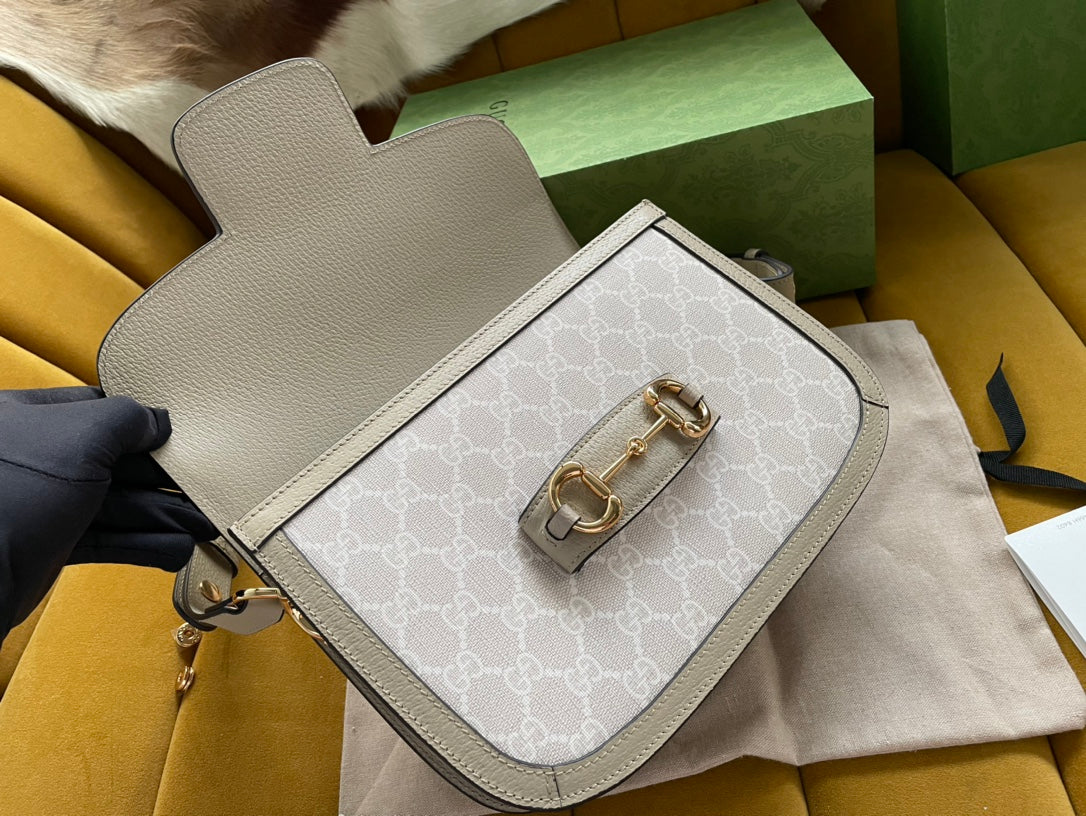 Luxury Gucci GG HORSEBIT 1955 SADDLE BAG 25 IN WHITE CANVAS AND BEIGE CALFSKIN