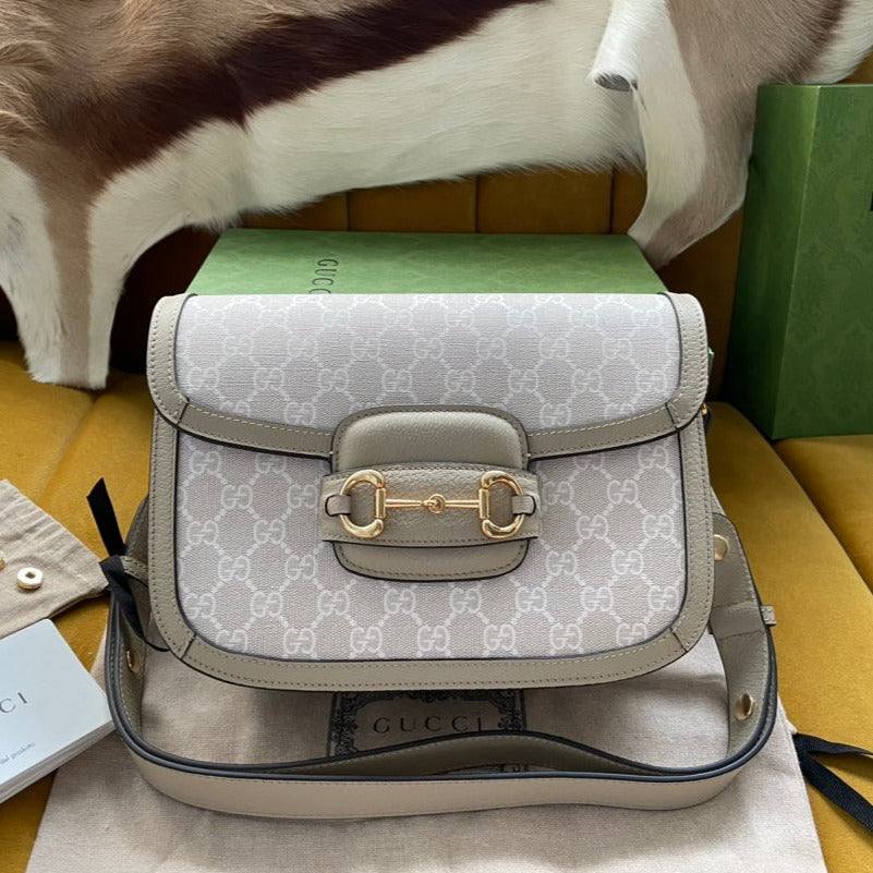 Luxury Gucci GG HORSEBIT 1955 SADDLE BAG 25 IN WHITE CANVAS AND BEIGE CALFSKIN
